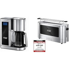 Russell Hobbs Elegance 23380-56 Digital Coffee Machine Stainless Steel Timer Function up to 10 Cups 1.25 L Glass Jug 1600 W & Toaster Long Slot Elegance Glass / Stainless Steel with Roll Attachment 1420 W