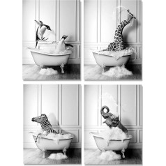 JingHengone Animal Black White Wall Art Prints Elephant Zebra Penguins Giraffe Bathtub Canvas Painting Poster Nordic Bathroom Home Decor (Size (Inch) : 8x12inchx4 No Frame)