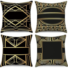 Hnmdmyi Cushion Cover, Black and Gold, 45 x 45 cm, Set of 4, Boho Cushion Covers, Modern Geometric Pattern, Decorative Linen Cushion Cover for Sofa, Couch, Bed, Garden, Outdoor, Home Decor