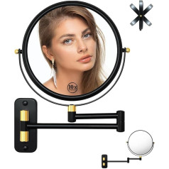 Kiavox 8 Inch Wall Mount Makeup Mirror, Double Sided Bathroom Mirror with 10X Magnification, Wall Mounted Cosmetic Mirror with Extension Arm, Black+Gold