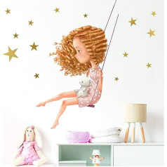 Little Deco DL199 Wall Sticker Girl with Rabbit on Swing I M - 140 x 71 cm (W x H) I Wall Sticker Nursery Girl Baby Room Decoration Sticker Wall Sticker Wall Sticker