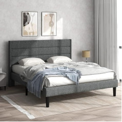 Merax Upholstered Double Bed | 140 x 200 cm | Bed Frame | Slatted Frame | Headboard | Linen | Basic Style | Adults Teenagers | Without Mattress | Grey