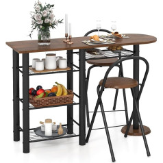 Relax4Life Bar Table Set 3-Piece Dining Table with 2 Folding Chairs and 4 Shelves, Counter Table with Metal Frame, Dining Set for 2 People, Industrial Design, Bistro Table Set for Dining Room, Bar