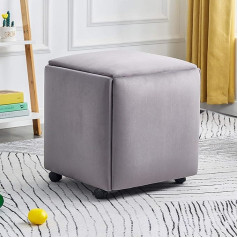 Wlwleo 5-in-1 Multifunctional Cube Stool Ottoman Footstool Mobile Stool with 4 Wheels Upholstery Cosmetic Table Stool Sofas Stool Shoe Changing Stool, Grey