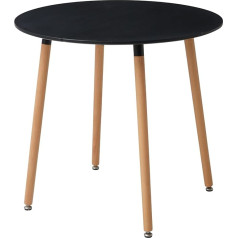 Grandca Home Round Dining Table, Kitchen Table with Solid Wood Legs, MDF Desk with Splice Texture for Dining Room, Living Room, Black 80 x 80 x 75 cm