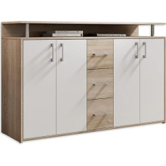 Stella Trading Drift Sideboard with Shelf in Sonoma Oak Look, White, Modern Chest of Drawers with Drawers and Lots of Storage Space for Your Living Area, 139 x 90 x 34 cm (W x H x D)