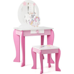 Goplus Children's Dressing Table with Stool & Removable Mirror & Drawer, Dressing Table Made of MDF Wood, Cosmetic Table with Headband & Hair Clip, Fairytale Ornaments, for Girls from 3 Years (Pink)