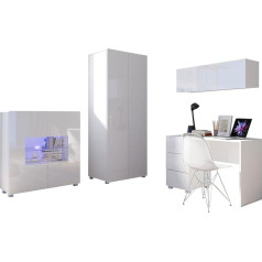 Mirjan24 Calabrini XIV Children's Room Set Including Wardrobe, Desk, Chest of Drawers, Wall Shelf, Complete Children's Room Set (White/White High Gloss, with White LED Lighting)