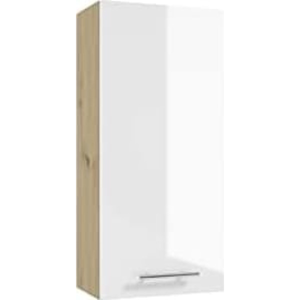 Pobicia Salerno Wall Cabinet Bathroom Wall Cabinet Finish with High Gloss Fronts and Chrome Handles, Bathroom Cabinet 1 Door, Bathroom Cabinet, Oak, White & Wood Colour, 20 x 32.1 x 70 cm