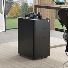 Yitahome Rolling Container with 3 Drawers, Metal Lockable Filing Cabinet for A4, Legal, Letter, Mobile Office Cabinet with Wheels for Home Office, Hanging Filing, 45 x 30 x 61 cm, Black