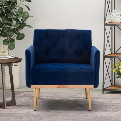 Suppneed Modern Velvet Single Sofa Chair, Upholstered Accent Living Room Chair, Comfortable Armchair with Rose Gold Metal Legs, Tufted Chair for Reading or Lounging (Blue)