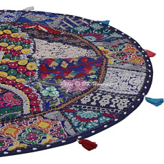 DK Homewares Traditional Cotton Seat Cushion Chair Floor Cushion Cover 100 x 100 cm Bohemian Dark Blue Patchwork Embroidered Home Decor Round Vintage Seat Cushion Bench - 40 x 40 Inches