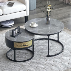 Hainew Modern Round Marble Coffee Table, Set of 2, Side Table, Set of 2 with Grey Marble Slate Top, Solid Wood Drawers, Sofa Table, Coffee Table, for Living Room, Bedroom, 70 x 70 x 45.5 cm
