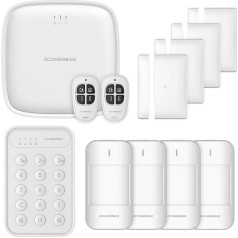 ROOMBANKER Smart Home/Alarmsystem Set - Station-Kit (4G/WiFi/LAN) - Mit 4 Bewegungssensoren, 4 magnetischen Diebstahlschutztürsensoren, 2 Keyfobs und 1 Tastatur - Einfach zu bedienende App