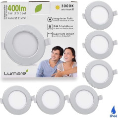 Lumare LED recessed spotlight, 6 W 230 V, IP44, ultra flat, living room, bathroom recessed lights, silver, round 26 mm installation depth, mini slim ceiling spot, warm white.