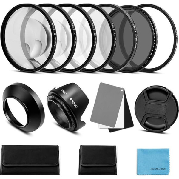 Fotover 67 mm Lens Filter Kit: UV CPL Polarisation Adjustable ND Filter ND2-ND400 Close-up Lens Filter Set +1, +2, +4, +10 Lens Hood Grey Card Compatible DSLR Camera
