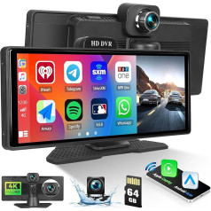 4K Dash Cam Front Wireless CarPlay Android Car Receiver with Rear View Camera, 10.26 Inch Portable Touch Car Radio with Bluetooth Mirror Link FM Transmitter AUX 64G SD Card + Loop Recording