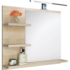 DOMTECH Bathroom Mirror with Shelves and LED Lighting Oak Bathroom Mirror Wall Mirror LED Wall Lamp L