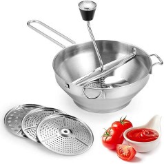 Jam Mill, Stainless Steel Strainer with 3 x Sieve Inserts, 33 x 20 cm, with Non-Slip Handle, Stainless Steel Fleet Mill, for Jams, Potatoes