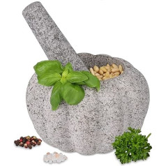 Relaxdays Granite Mortar with Pestle Height 10 x Depth 15.5 cm Heavy Duty Unpolished Stone Mortar Spices Herbs Grey