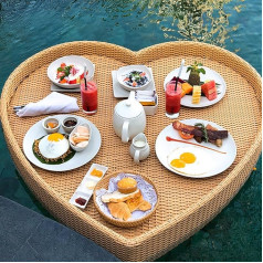Drink Floaties Tray Creative Heart-Shaped Multifunction Breakfast Tray on The Water Rattan Woven Hot Tub Side Table for Drinks,Snacks,and Essentials (Color : Beige)