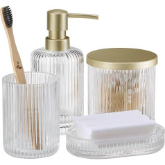 Navaris Bathroom Set of 4 Glass Decorative Bathroom Accessories with Toothbrush Cup Soap Dispenser Soap Dish Glass Jar Bathroom Accessories Gold