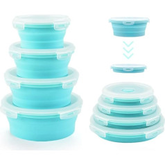 Collapsible Bowls for Camping, Set of 4 Round Silicone Food Containers with Lids, RV Storage and Organization, RV Kitchen Accessories, Freezer Safe, Dishwasher Safe (Blue)