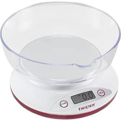 BEPER BP.802 Digital Kitchen Scale, Removable Transparent Bowl, Solid and Liquid Food, High Precision Sensor, Up to 5kg, LCD Display, Gram and Libre Unit, White/Red