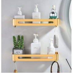 Shower Shelf, No Drilling, Shower Shelf, Champagne Gold Bathroom Organiser with Hooks, Wall Shelf for Bathroom, Shower Basket, Bathroom Shelf for Toilet, Laundry Room and Shower Room, Aluminium