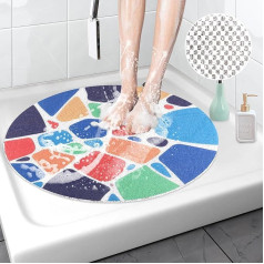 Round Shower Mat, Non-Slip 60 x 60 cm, Anti-Mould Loofah Bath Mats for Indoor Shower, Soft, Comfortable, Colorful Stones Bathtub Mat with Drainage, Quick Drying and Cuttable