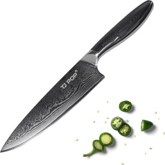 TJ POP Damascus Knife Chef's Knife, Professional Chef's Knife, Meat Knife, 20 cm, VG-10 Damascus Steel, Japanese Kitchen Knife, Full-Tang Design, Good Grip, Non-Slip G10 Handle