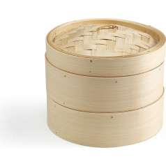 Ken Hom Excellence KH506 Bamboo Steamer 20 cm Asian Steamer Basket with 2 Levels for Dim Sum, Vegetables, Meat, with Lid and 2 Bamboo Steamer Baskets, Not Dishwasher Safe
