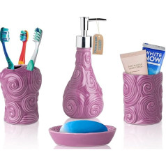 Designer 4-Piece Bathroom Accessory Set - Ceramic Bath Set with Liquid Soap or Lotion Dispenser, Toothbrush Holder, Tumbler and Soap Dish - Decorative Set with Embossed Details - Ocean Waves Purple