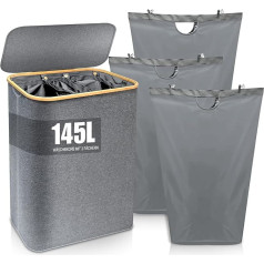 Laundry Basket with Lid - 145 L Laundry Basket with 3 Compartments, Large Laundry Basket with 3 Removable Pockets, Bamboo Laundry Basket for Dirty Laundry (Grey)