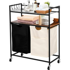 Laundry Basket, Laundry Hamper, 2 Compartments, 2 Shelves, Metal Frame, Laundry Sorter, Laundry Basket for Bathroom, Vintage Brown (Black + White)