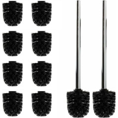 Daloual - 10 x Replacement Toilet Brush Head Black Diameter Approx. 6.5 cm + 2 x Stainless Steel Handle 26.5 cm - Toilet Brush - Toilet Brush - Replaceable - Modern Design - High Quality - Durable