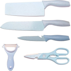 Cloober - Kitchen Knife Set, Blue Peeler and Scissors, 5 Pieces, Stainless Steel, Durable, Ergonomic Handle, Butcher, Cook, Multipurpose and Ceramic Peeler (Blue)
