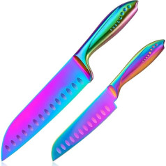 WELLSTAR Rainbow Japanese Knife 2-Piece Set, 7 Inch and 5 Inch Santoku for Large and Small Hands for Meat, Vegetables and Sausages