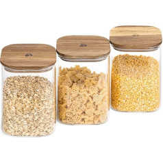 Navaris Storage Jars with Lid Made of Acacia Wood – Glass Storage Jars Set of 3 for 1000 ml Each – Storage Container for Food – Airtight