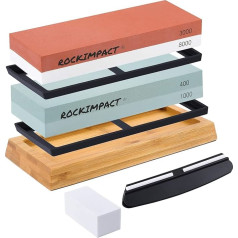ROCKIMPACT Knife Sharpening Stone Sharpening Stone Sharpening Set 4 Side Grain 400/1000, 3000/8000 with Non-Slip Mat, Wooden Base, Angle Guide and Flattening Stone