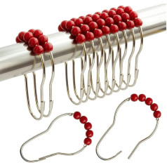 Shower Curtain Hooks Rings Stainless Steel Shower Hooks Red Acrylic Roller Balls Rustproof Heavy Duty for Bathroom Curtain (Red)