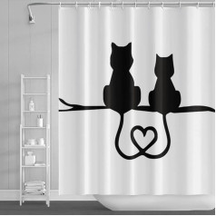 SDOTPMT 180 x 180 cm Animal Silhouette Shower Curtain Black Cat Pair Cute Cartoon Pet Heart Shape Bath Curtain White Bath Curtain for Children Bathroom Polyester Waterproof with Hooks