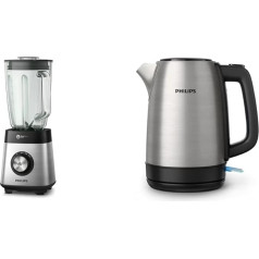 Philips HR3573/90, 1000W Smoothie Mixer, 27000 rpm, 2L Glass Container, Metal/Glass & HD9350/90 Kettle, Stainless Steel, 1.7 Litres, Black
