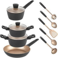 Russell Hobbs COMBO-8593 9-Piece Set: 24 cm Frying Pan, 20/24 cm Soup Pots, 16 cm Saucepan, Strainer/Sauce Spoon, Spatula, Spaghetti Spoon and Ladle, Opulence Collection, Black/Gold