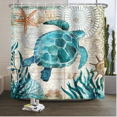 SDOTPMT Sea Turtle Shower Curtain Starfish Seaweed Ocean Nautical Bath Curtain Underwater World Marine Animal Bath Curtain for Children Bathroom Polyester Waterproof with Hooks 180 x 198 cm