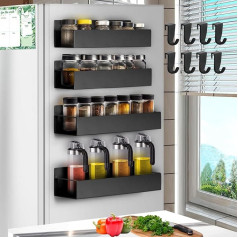 Santentre Pack of 4 Magnetic Spice Rack with Removable Hooks, Super Strong Magnetic Shelf for Fridge & Microwave Spice Rack Organiser for Jars, Black
