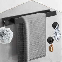 HOMGEN Towel Rail No Drilling Towel Rail with 2 Hooks Stainless Steel Matt Self-Adhesive Towel Holder Bathroom Towel Holder Wall Towel Holder for Bathroom Toilet Kitchen Black