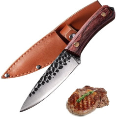 Fubinaty Chef Knife Small Outdoor Camping Kitchen Cooking Knife Handmade Forged Bag BBQ Steak Knife High Carbon Steel Portable Travel Fruit Knife with Full Tang Wooden Handle and Leather Sheath