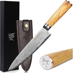 YOUSUNLONG Chef's Knife 20.32 cm Sharpest Kitchen Knife - Japanese Hammered Damascus Steel - Italian Olive Wood with Leather Sheath