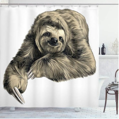 ABAKUHAUS Sloth Shower Curtain, Tropical Animal Smile, with 12 Rings Set, Waterproof, Stemy, Modern, Colourfast and Mildew Resistant, 175 x 200 cm, Black Ivory